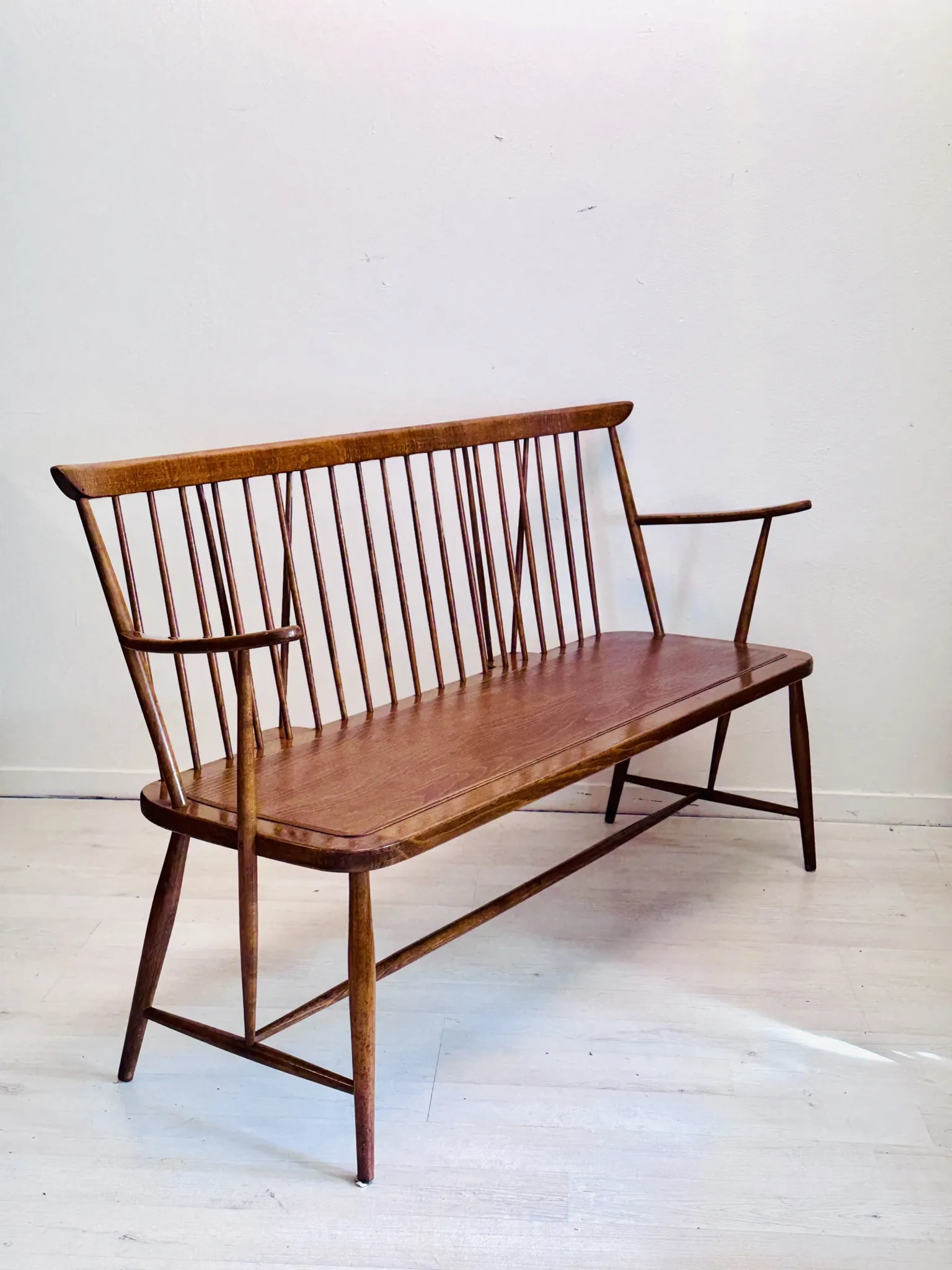 Vintage mid-century slatted bench from the 1960s.