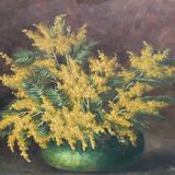 Still life painting with mimosa in the spirit of Kisling