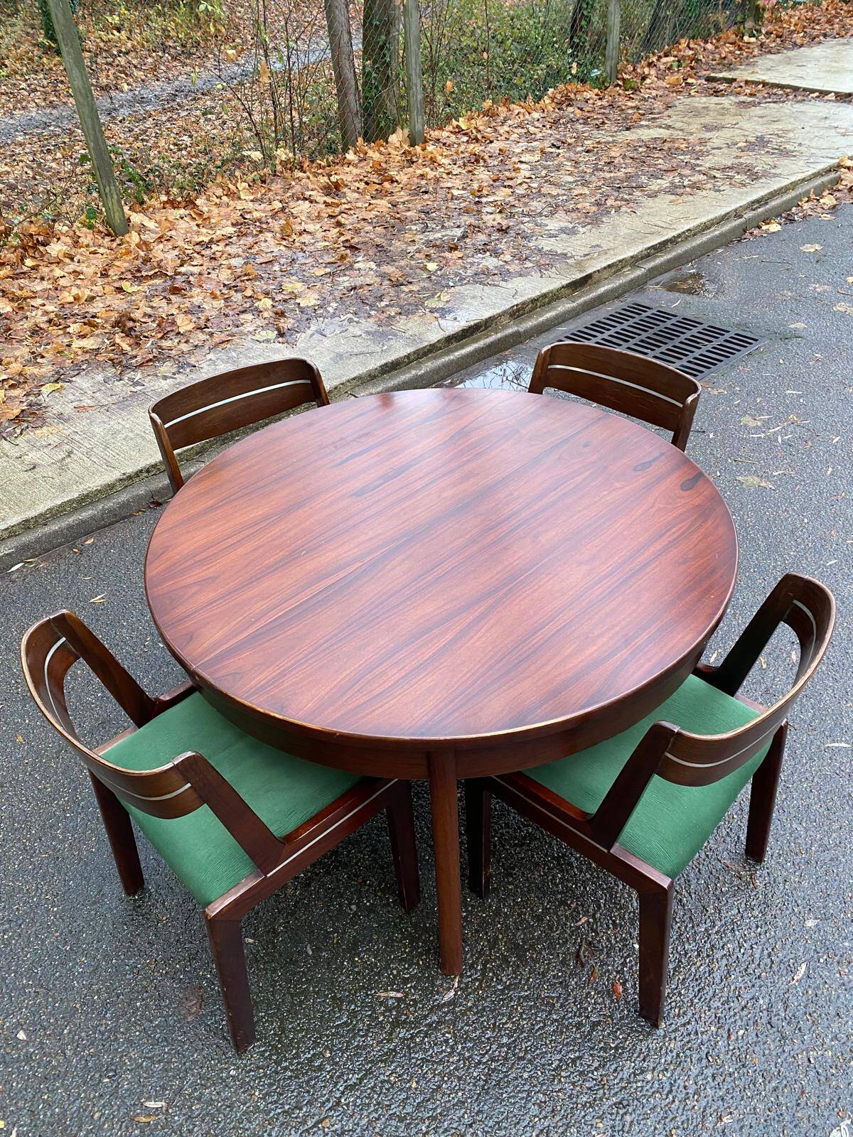 Scandinavian dining table and 4 Hans Olsen style chairs in teak and velvet.