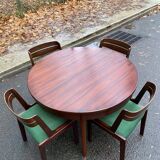 Scandinavian dining table and 4 Hans Olsen style chairs in teak and velvet.