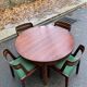 Scandinavian dining table and 4 Hans Olsen style chairs in teak and velvet.