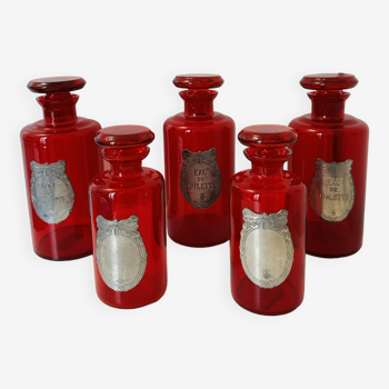 Apothecary, set of bottles, garnish or toiletries Pewter with rose