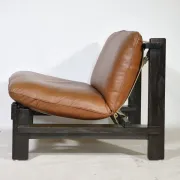 Brutalist Lounge Set in Light Brown Leather & Pine by Carl Straub, Set of 3