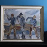 Peinture à l'huile sur toile suédoise du milieu du siècle « Ouvriers en mouvement » par Ivar Hjertquist (1907-1983)