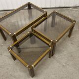 Set of 3 elm and smoked glass nesting tables 1970