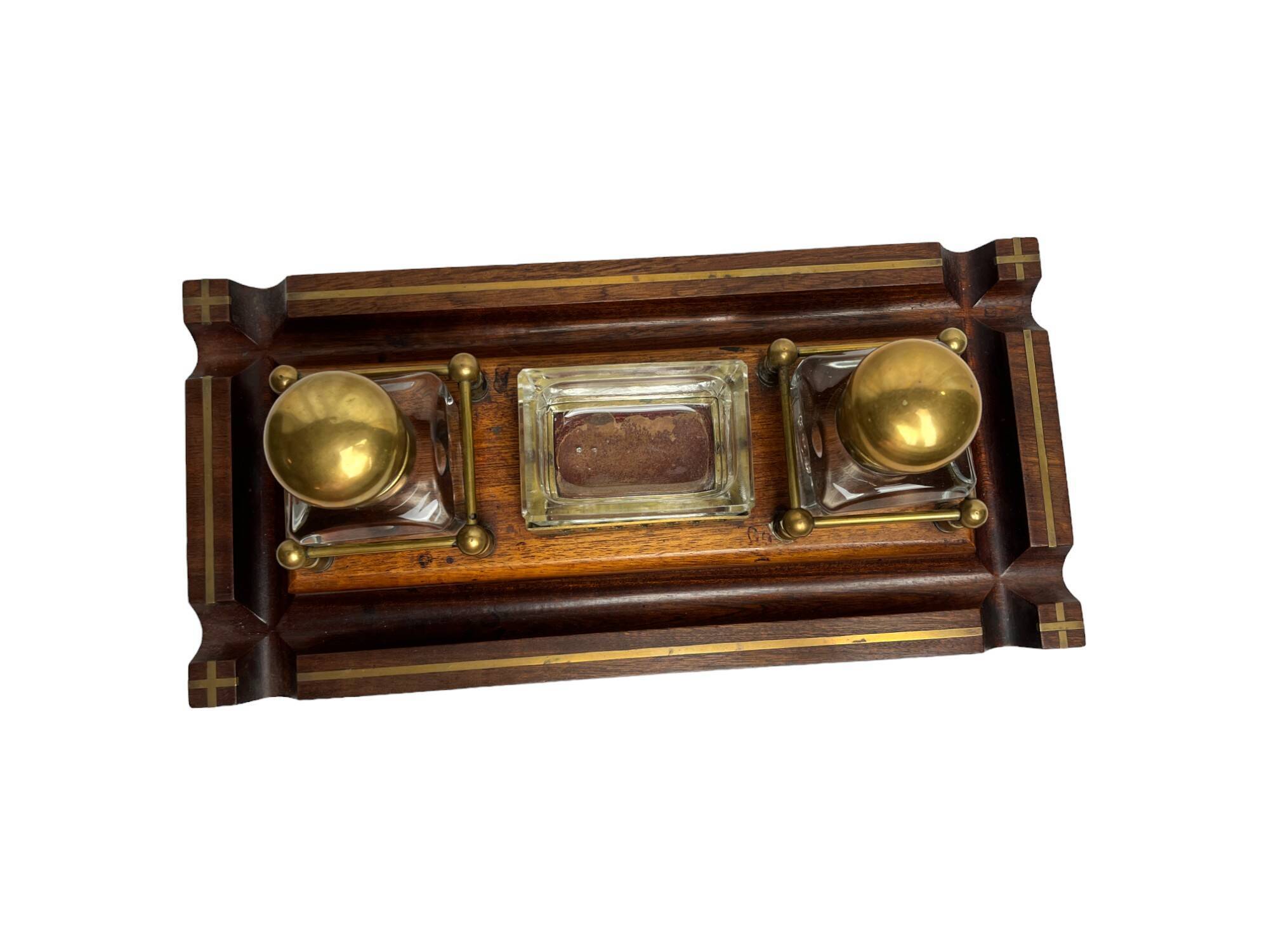 Desk inkwell in molded wood, brass and crystal, late 19th century