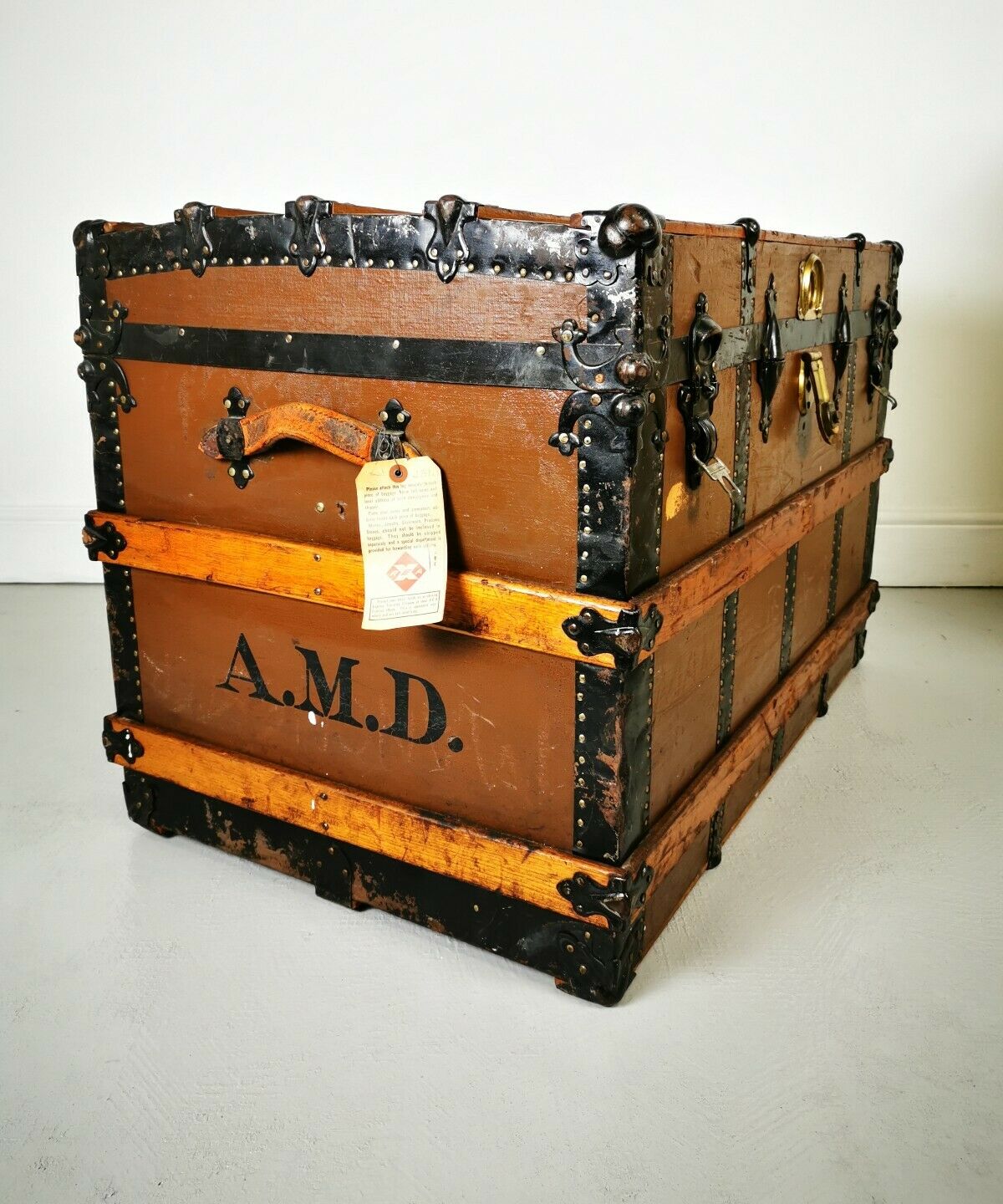 Late 19th Century Oak Banded Storage Travel Trunk / Chest