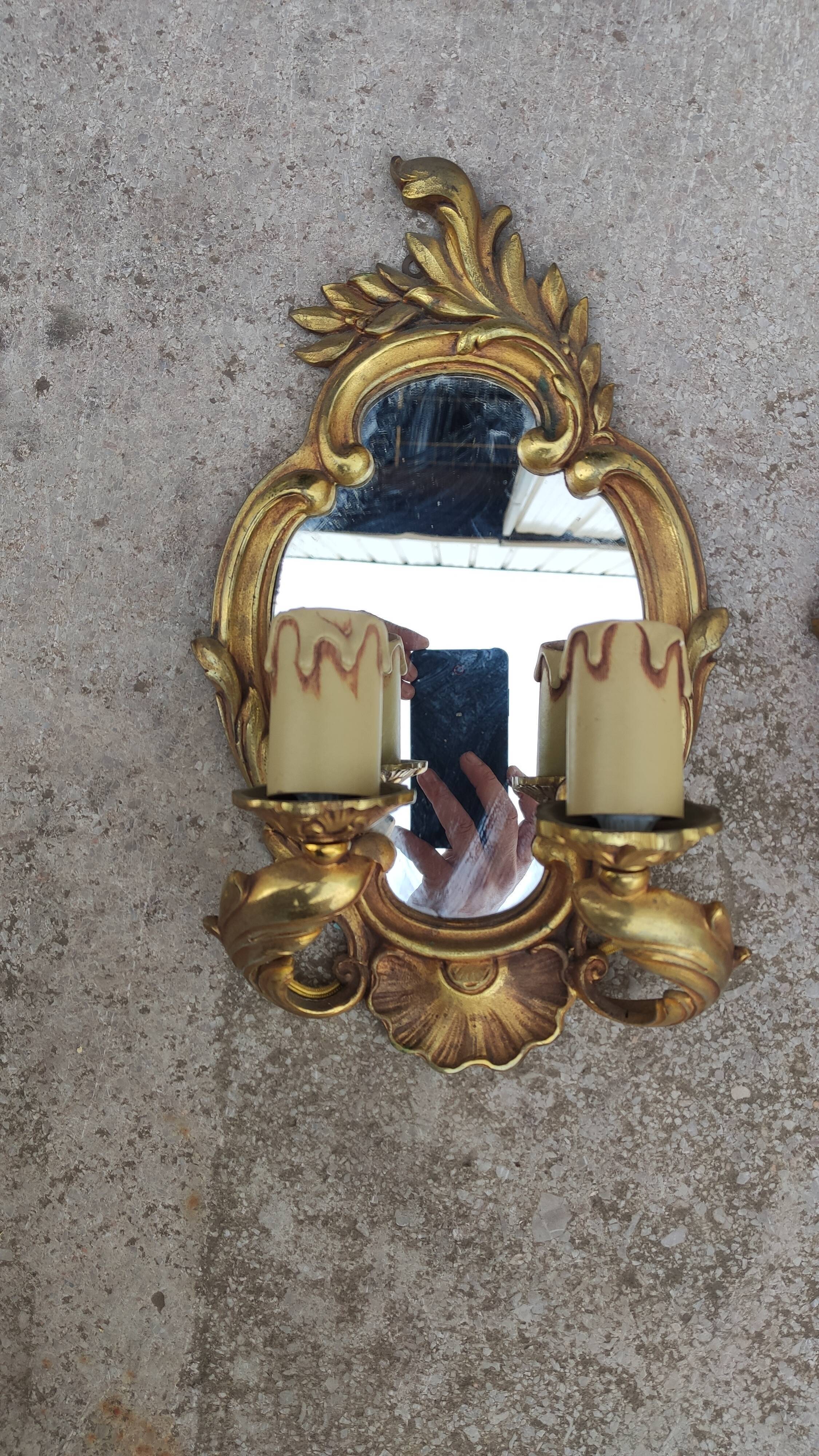 Pair of appliques in gilded bronze and Louis XV style mirror