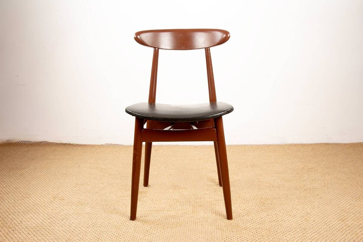 Set of 6 Thonet dining chairs, in brown lacquered wood and black leatherette, 1960.