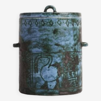 Jacques BLIN (1920-1995) - Covered pot in blue and green enamelled earthenware, with incised decoration