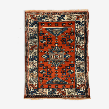 Old Turkish Kazak Rug Oriental 132x95 cm vintage tribal carpet, Red and Blue