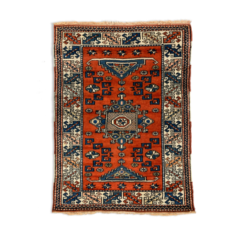 Old Turkish Kazak Rug Oriental 132x95 cm vintage tribal carpet, Red and Blue