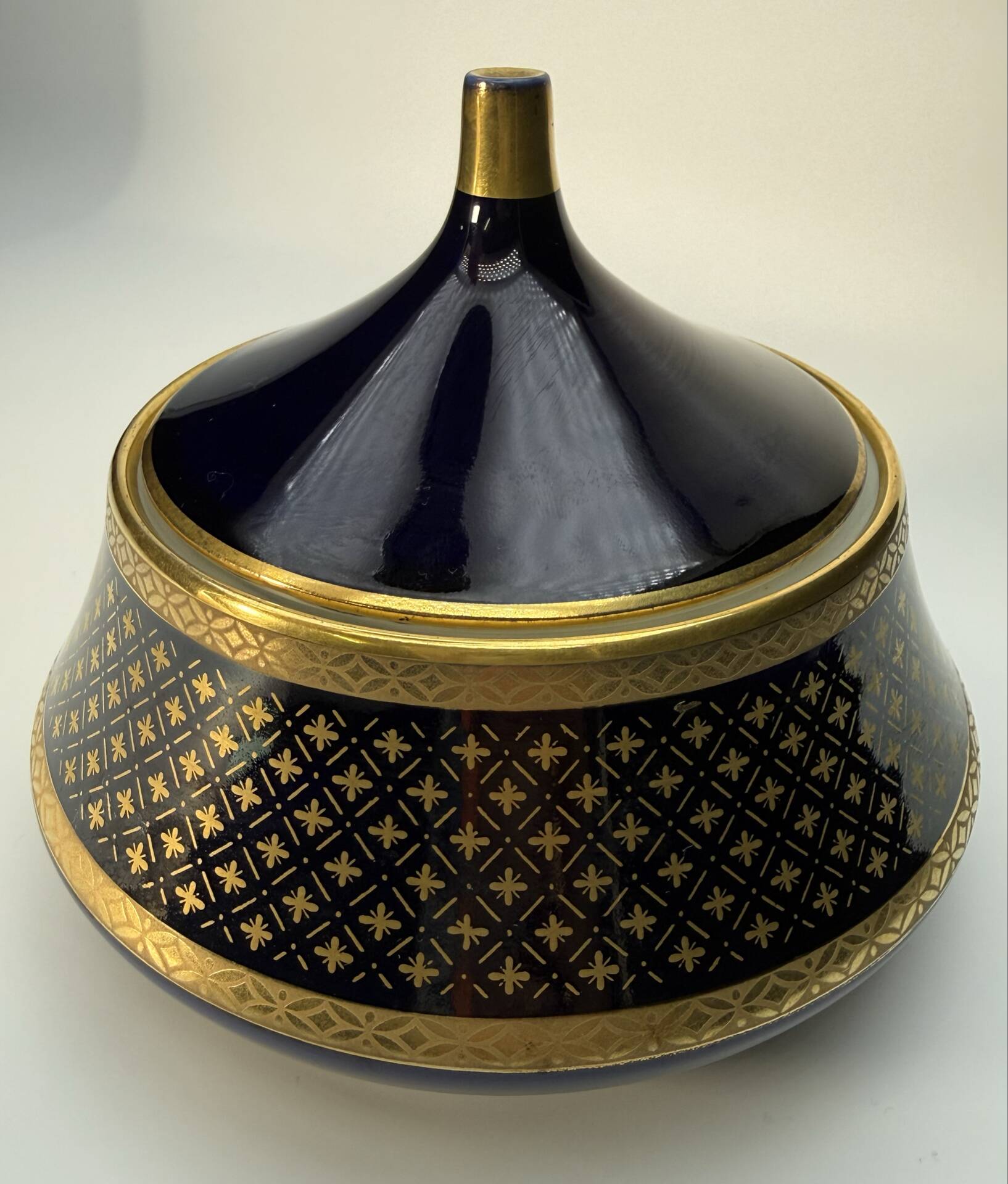 Vintage cobalt blue and gold porcelain bonbonnière.