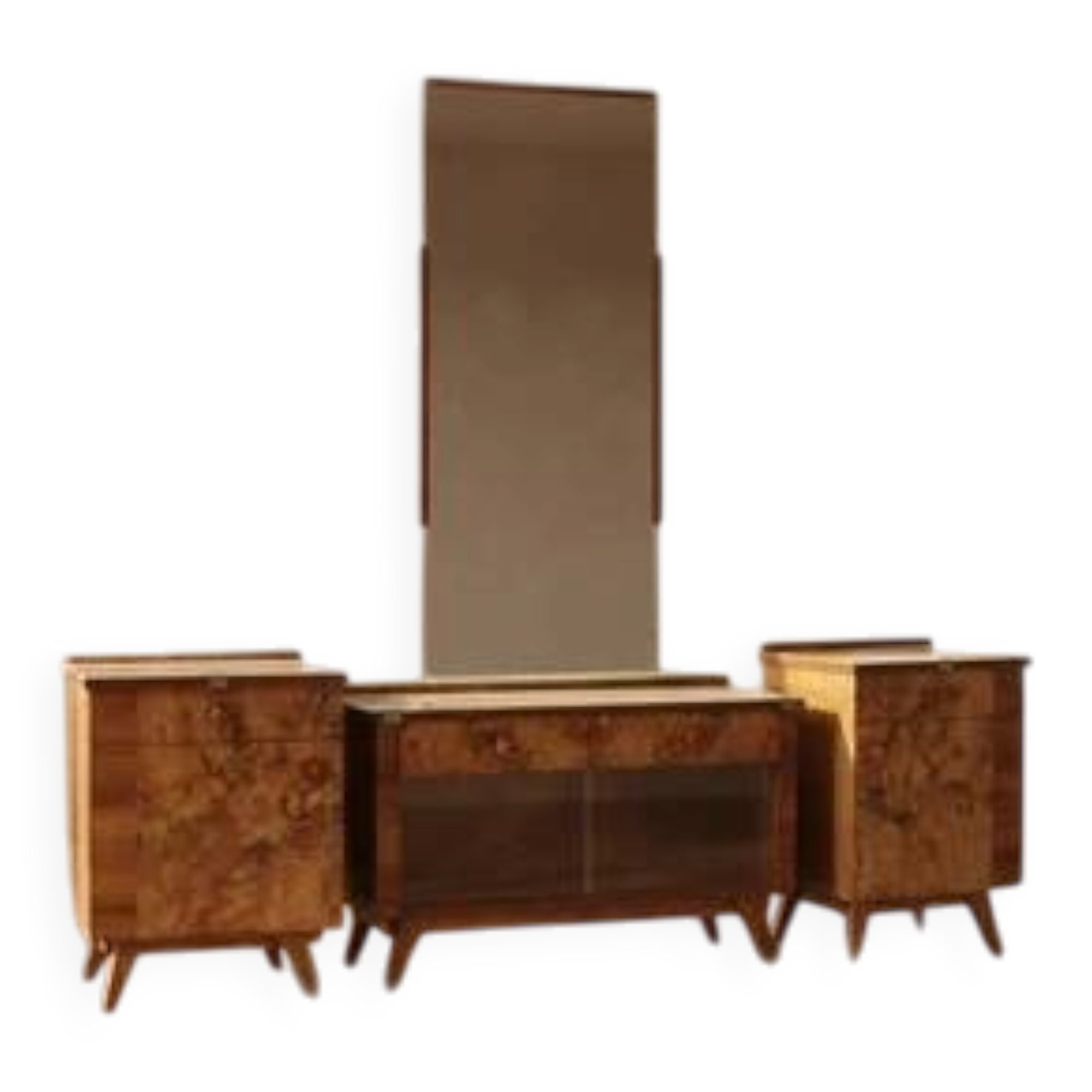 Vintage dressing table with burl veneer, large mirror and storage cabinets