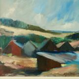 Oil on Swedish canvas "Landscape with Buildings", Valdemar Öberg