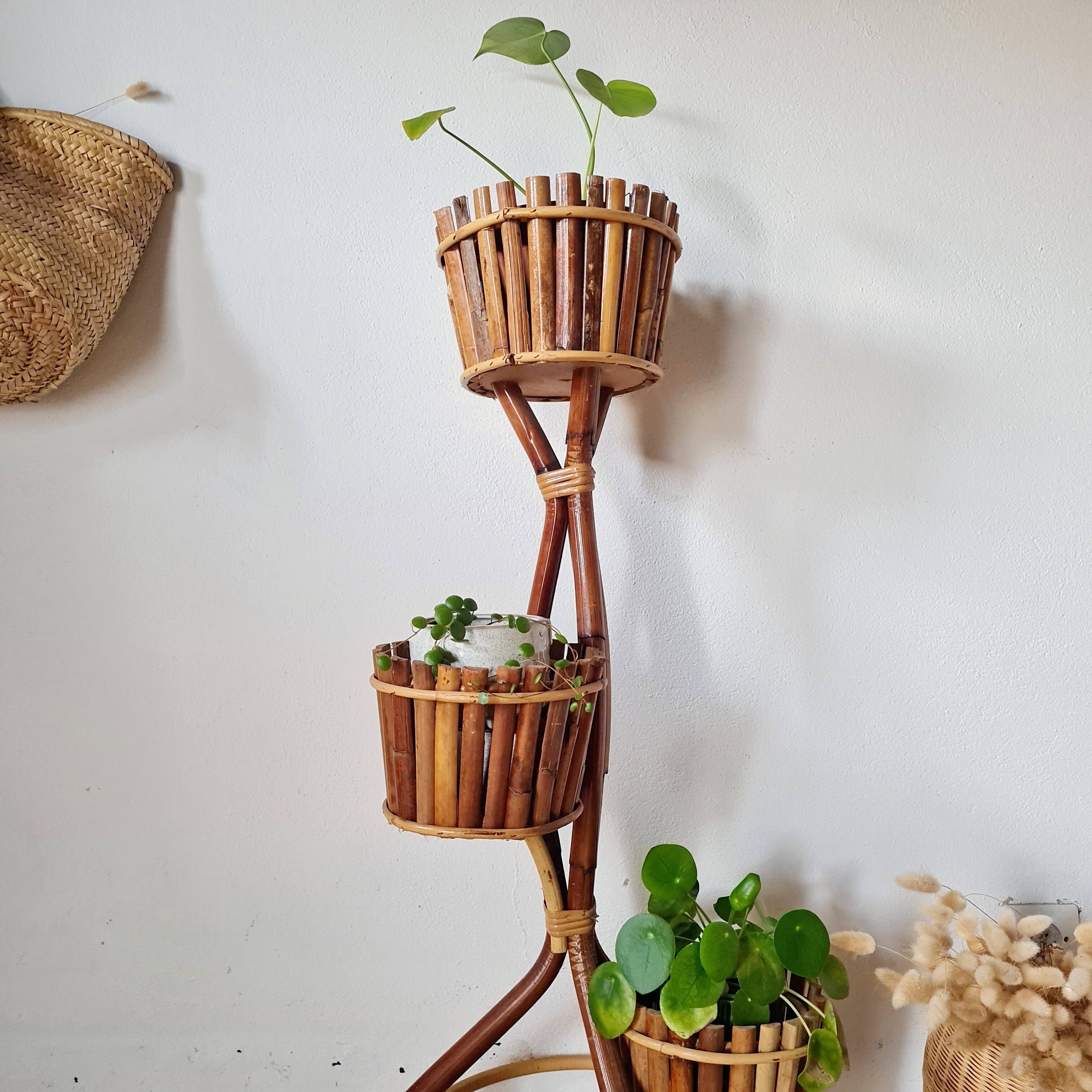 Vintage 3-tier plant stand in bamboo and rattan