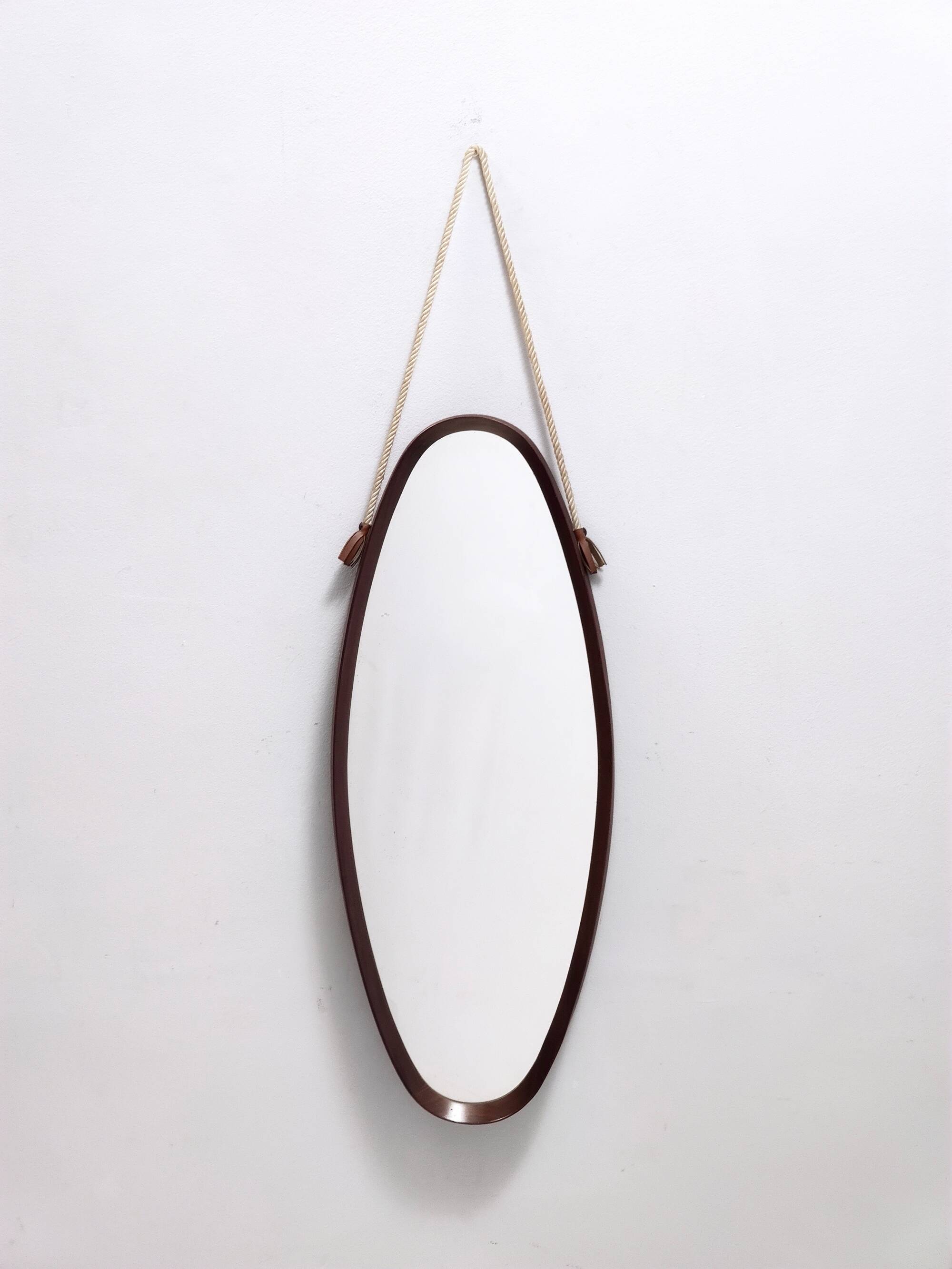 Oval Wall Mirror with Ebonized Beech Frame and a Nylon Rope, Italy