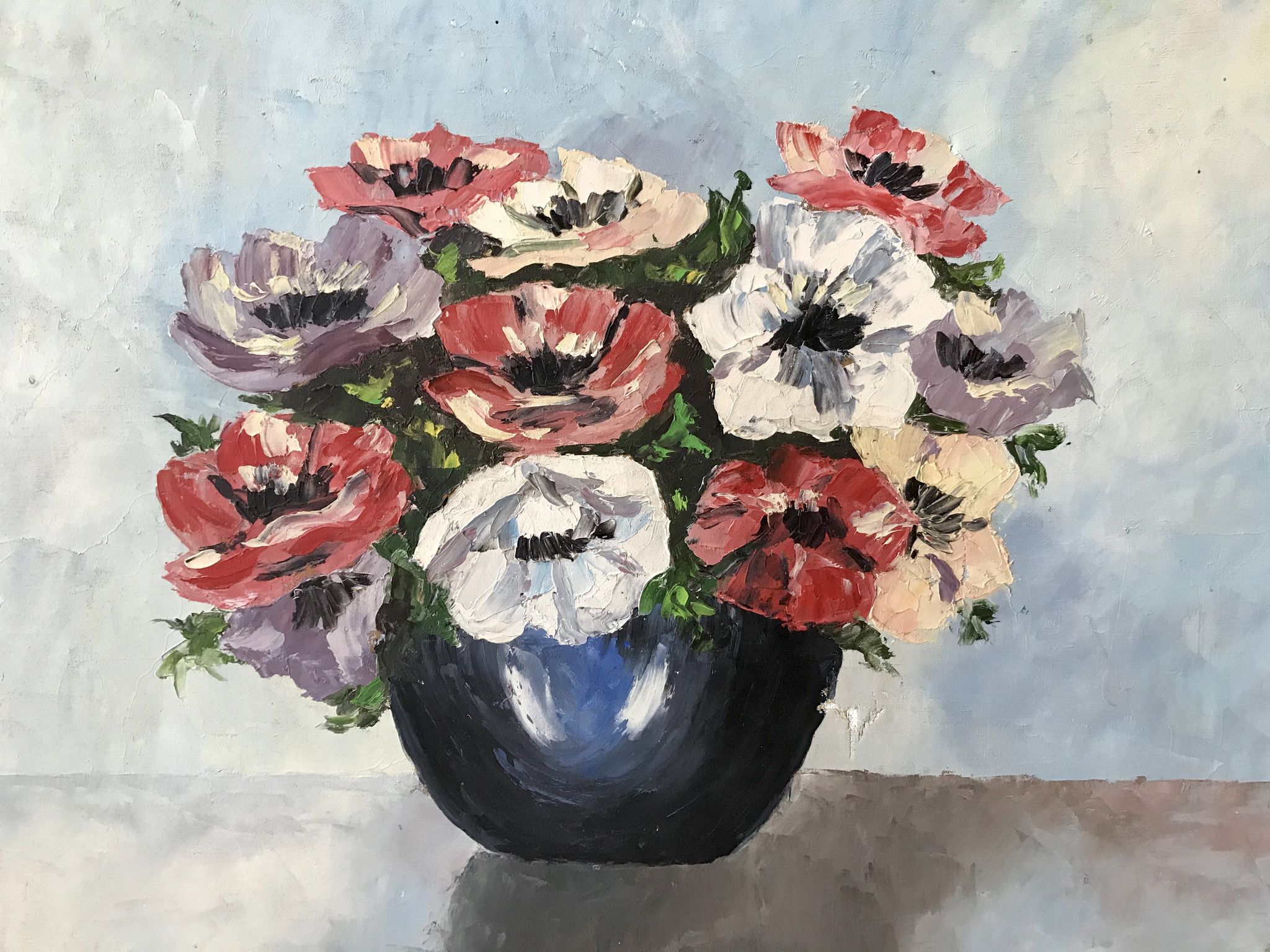 Old painting signed oil on canvas bouquet of vintage anemone flowers