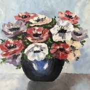 Old painting signed oil on canvas bouquet of vintage anemone flowers