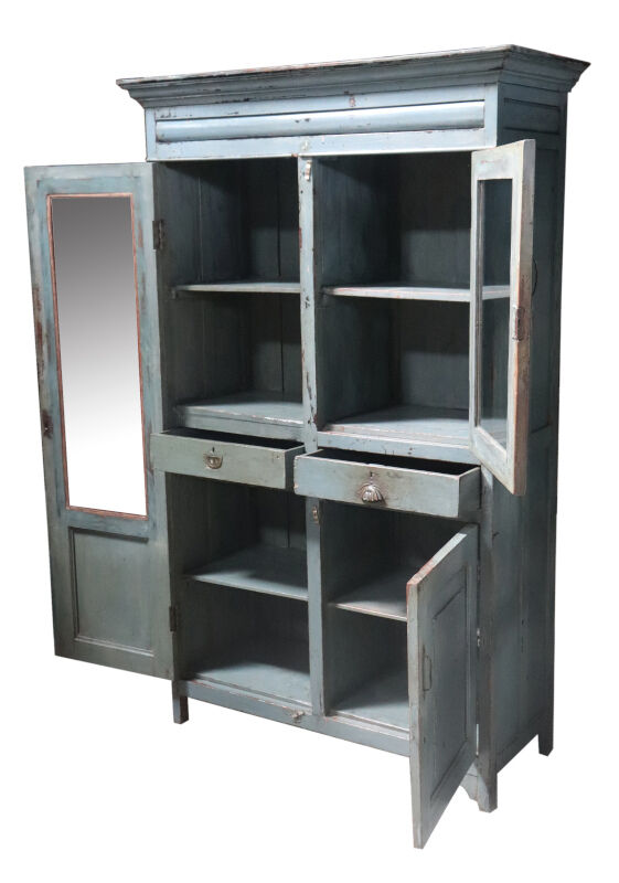 Grey vintage Cabinet old teak, glass and mirror