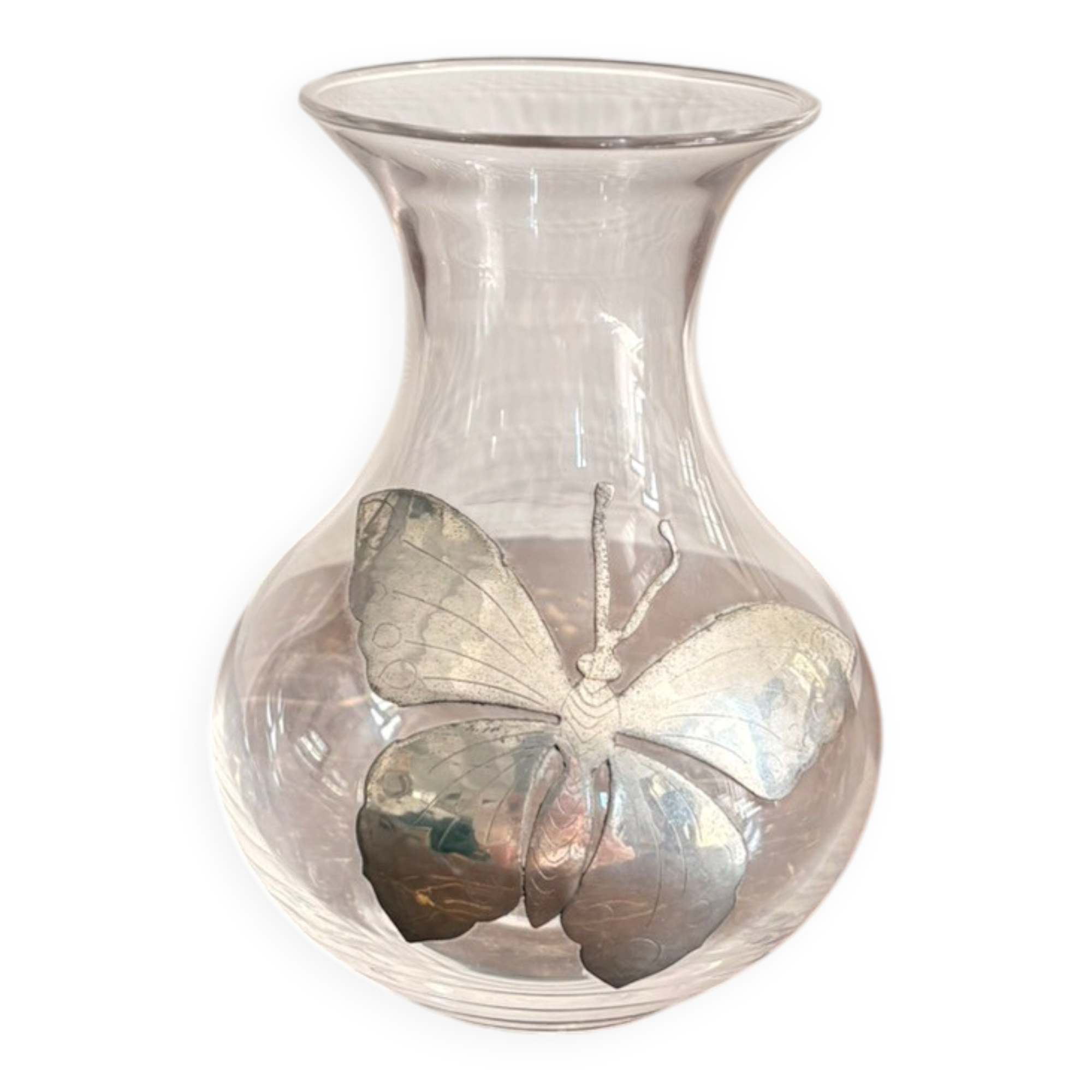 Art Nouveau Silver Butterfly Soliflore Vase Naturalistic Blown Glass