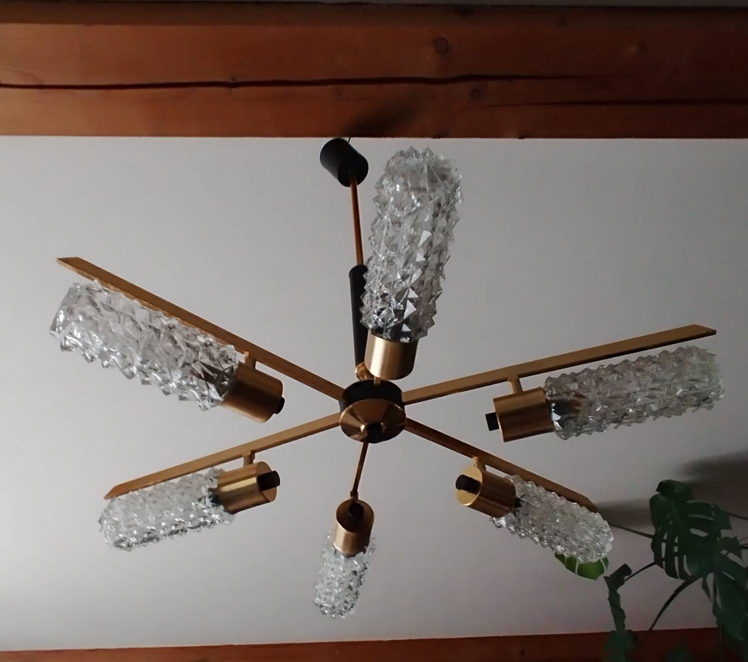 Arlus vintage brass and glass chandelier 6 lights