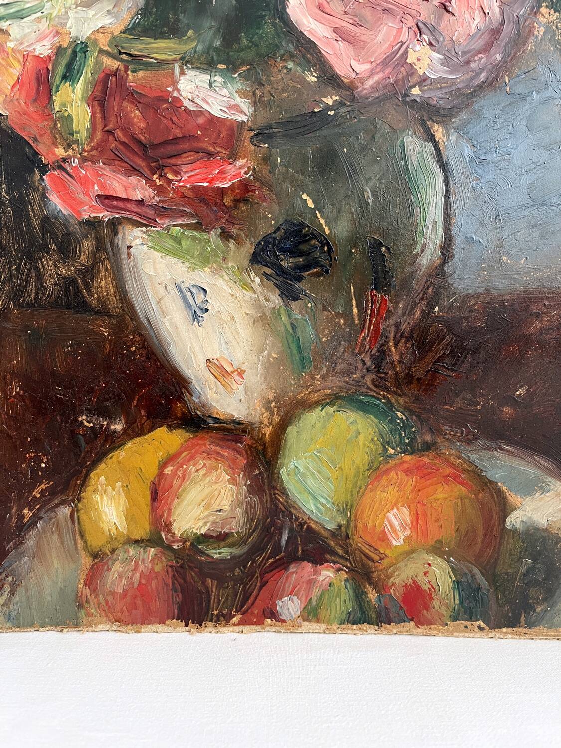 Old oil painting on cardboard bouquet of flowers and fruits