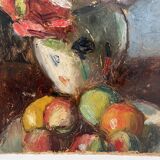 Old oil painting on cardboard bouquet of flowers and fruits