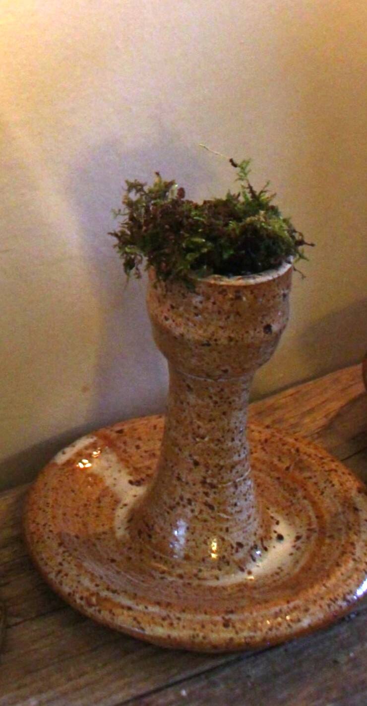 Vintage speckled rust round stoneware candlestick