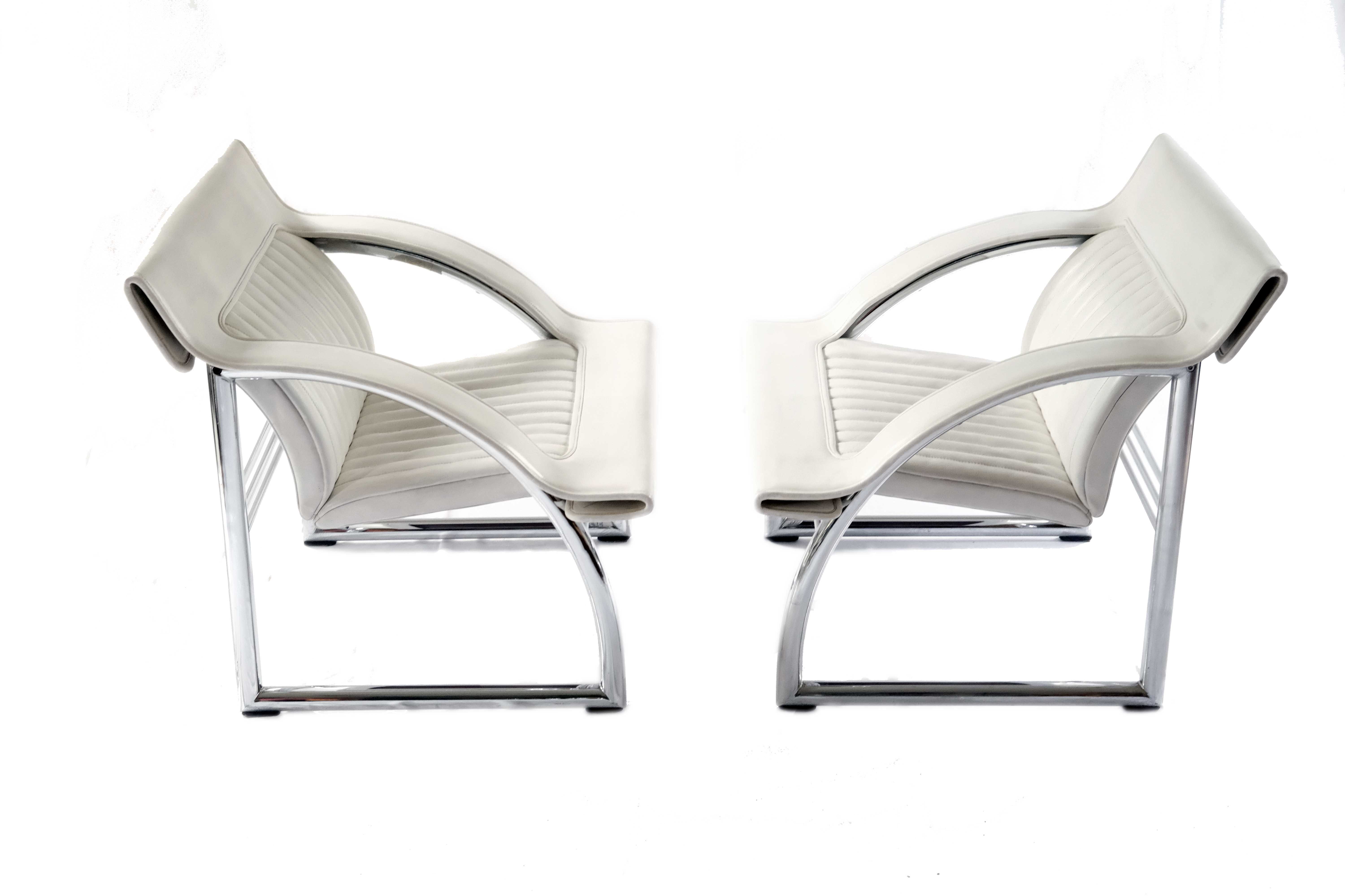 Pair of De Sede Armchairs in White Leather and Steel, Switzerland 1970's