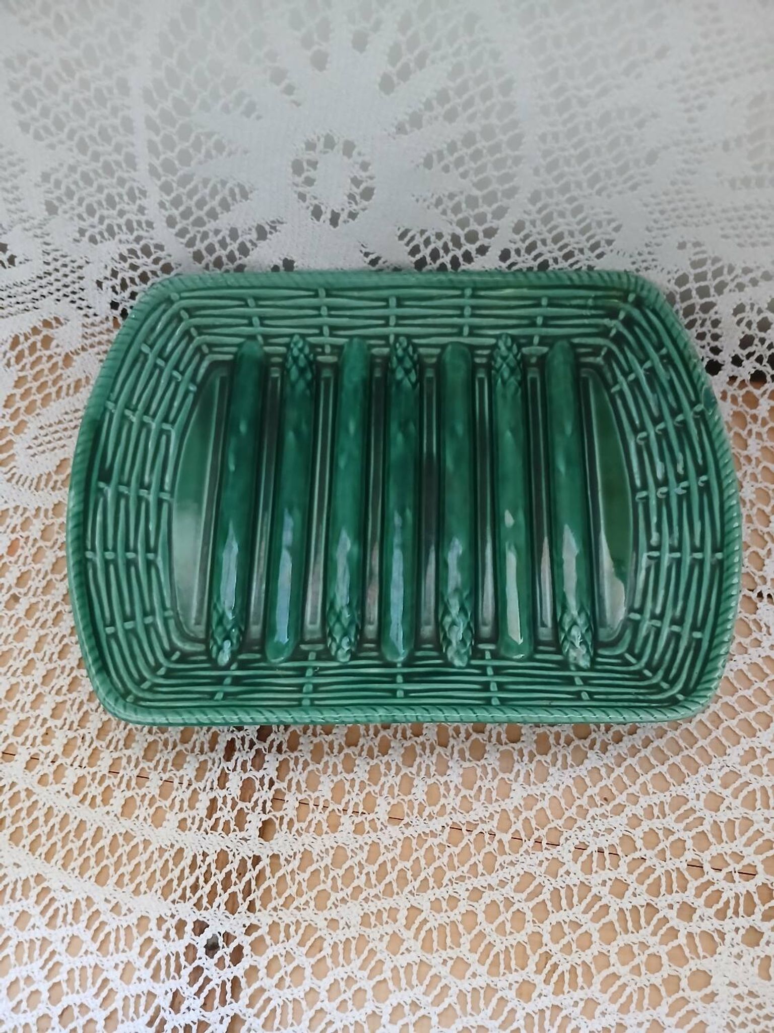 Antique Barbotine dish with asparagus motifs