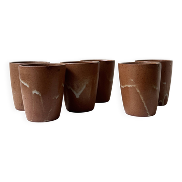 Service of 6 coffee cups in glazed stoneware, France 1970.