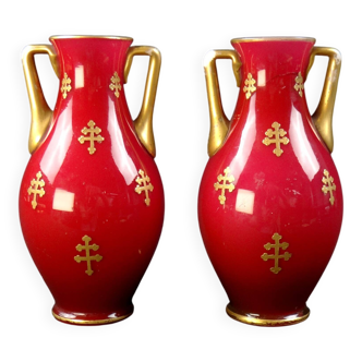 Pair of Baccarat crystal baluster vases decorated with a Lorraine cross