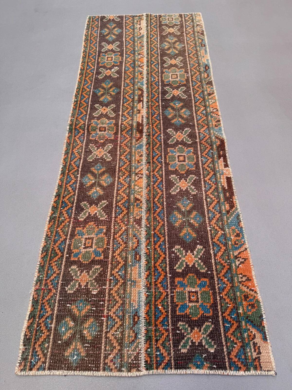 Distressed Turkish narrow runner 55x148 cm wool vintage tribal rug 2563