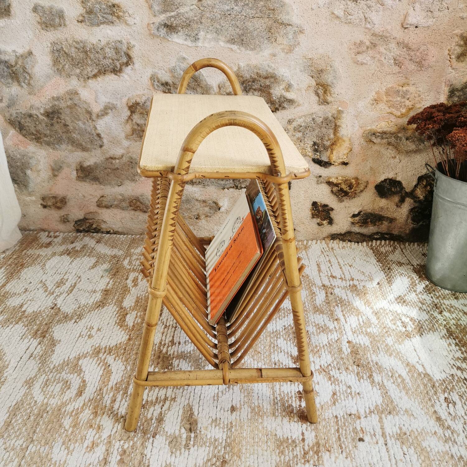 Rattan magazine rack, vintage side table