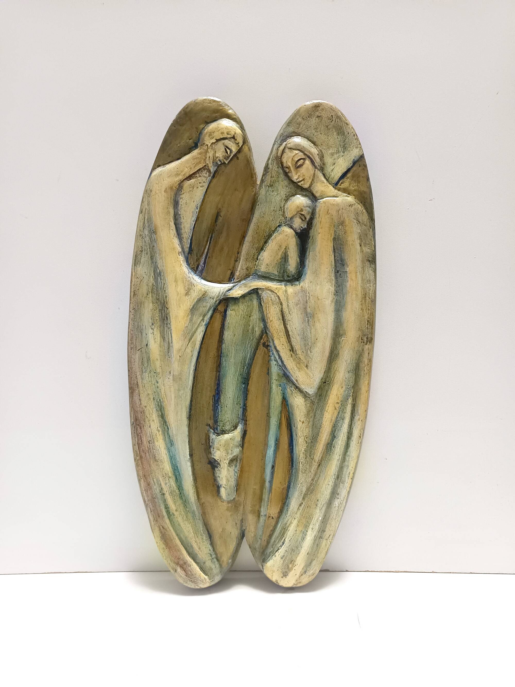 Holy Family Hand-Painted and Hand-Carved Beech Panel, Italy