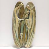Panneau en hêtre peint et sculpté à la main représentant la Sainte Famille, Italie