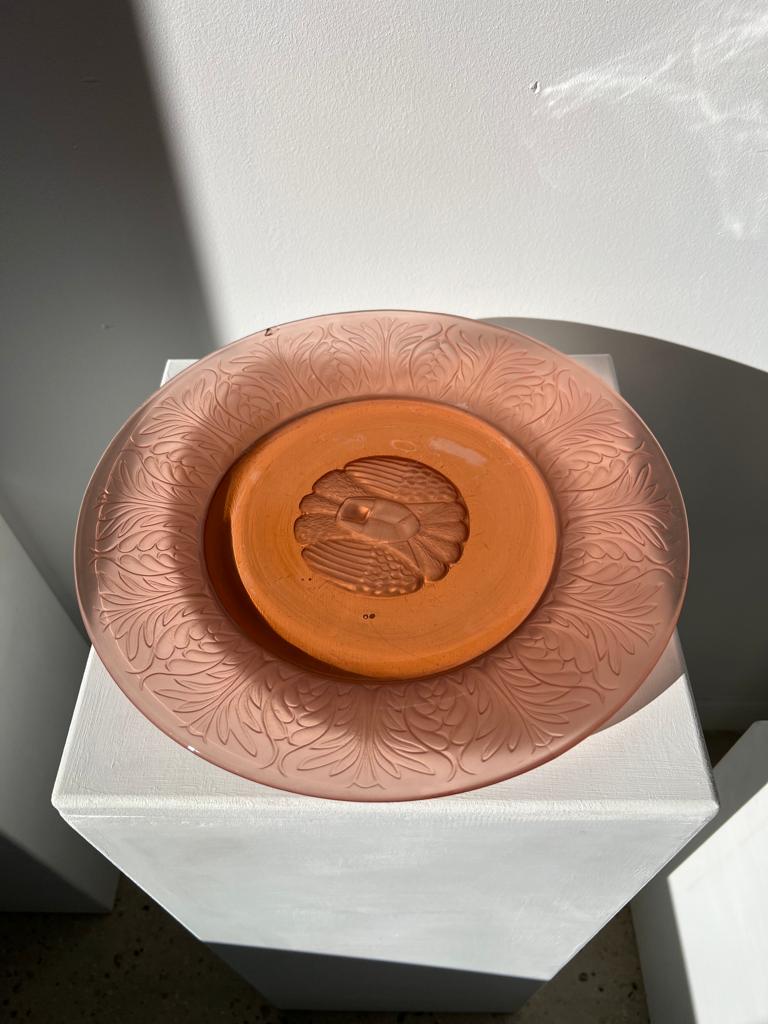 Molded pink glass dish art nouveau patterns D: 31.5cm