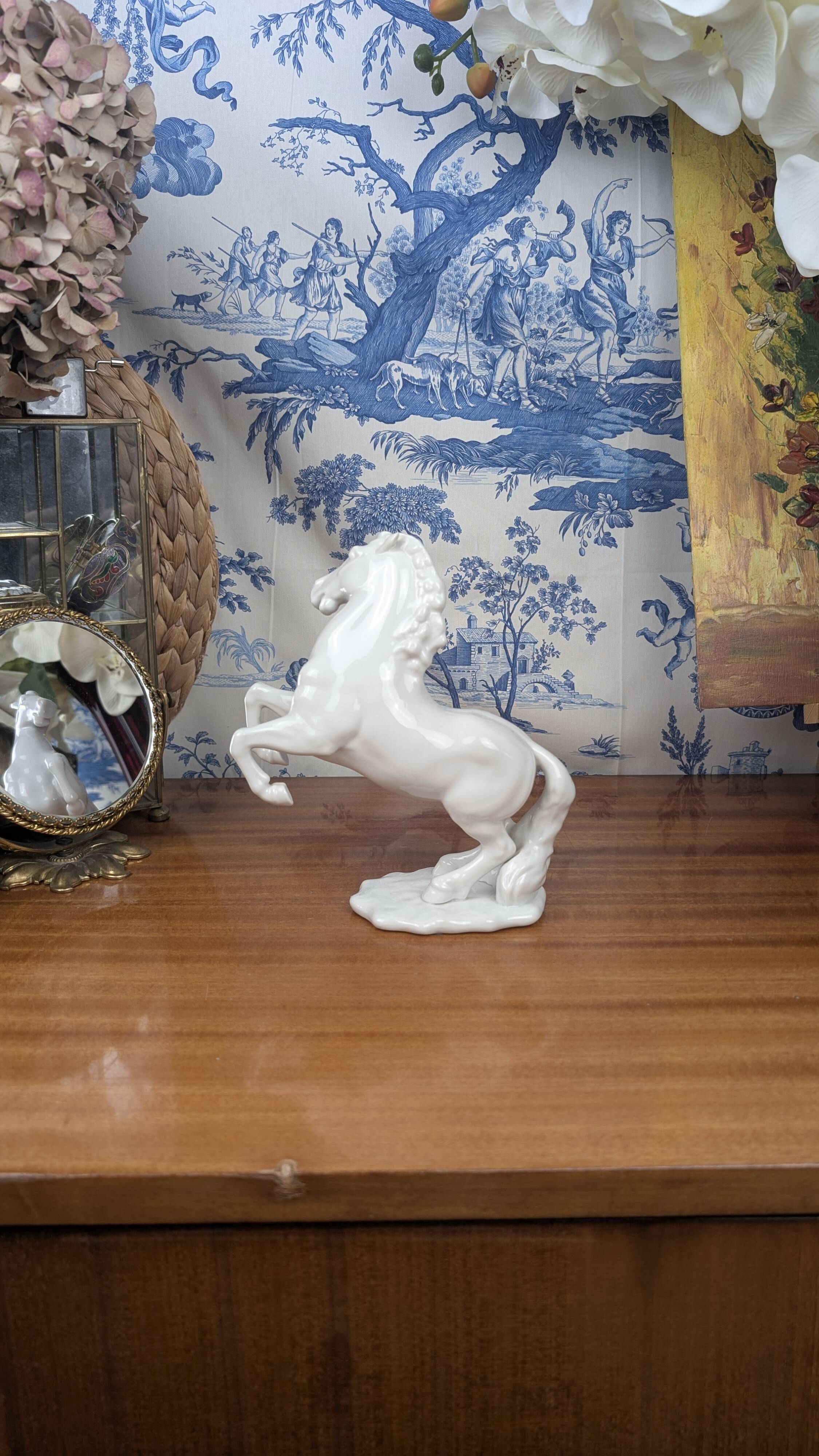 Figurine of a Slender Lipizzaner Horse in White Glazed Biscuit Porcelain