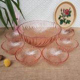 Ensemble saladier et 6 coupelles verre torsadé rosaline Arcoroc vintage
