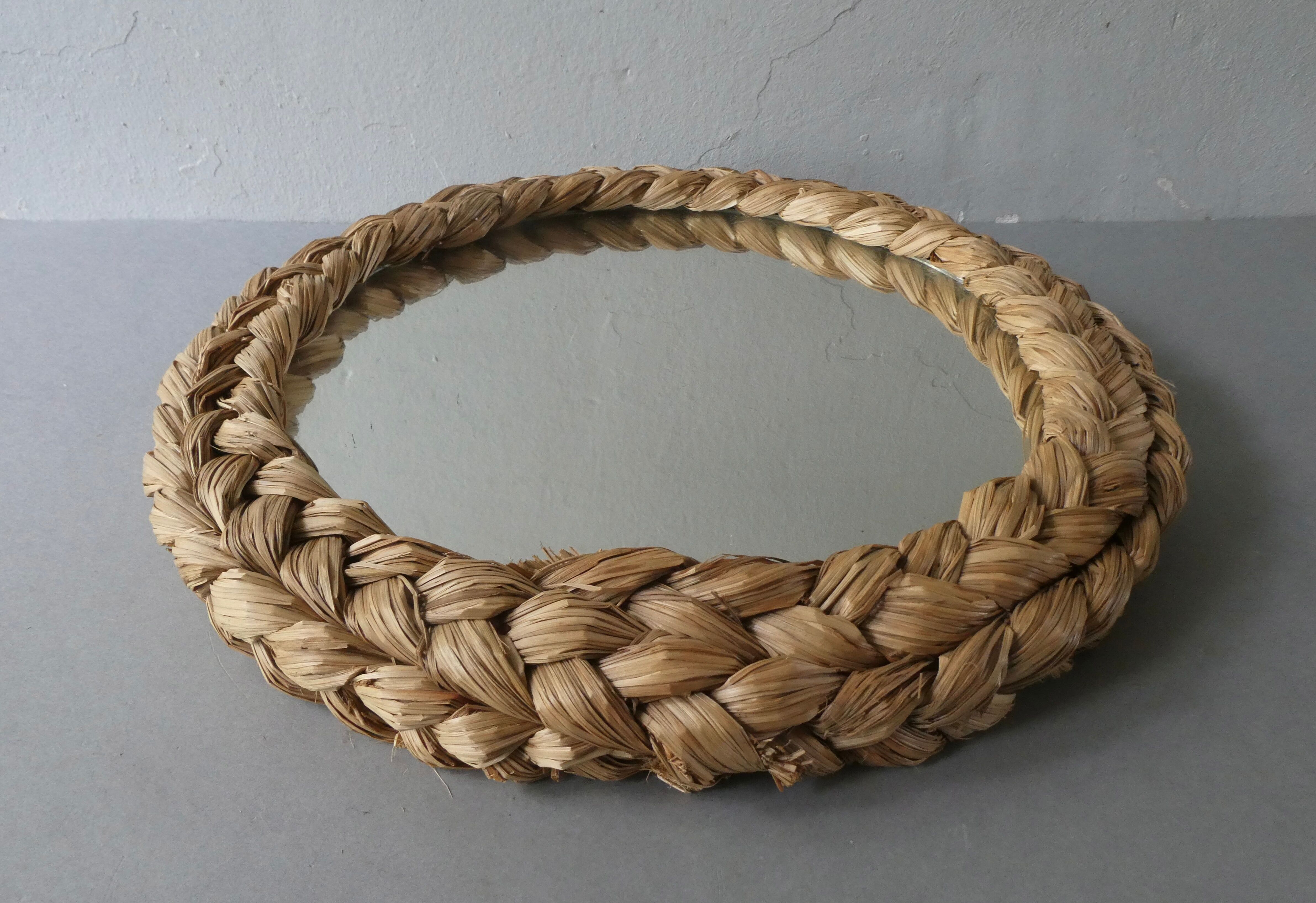 Mirror in braided natural material 70s 33cm