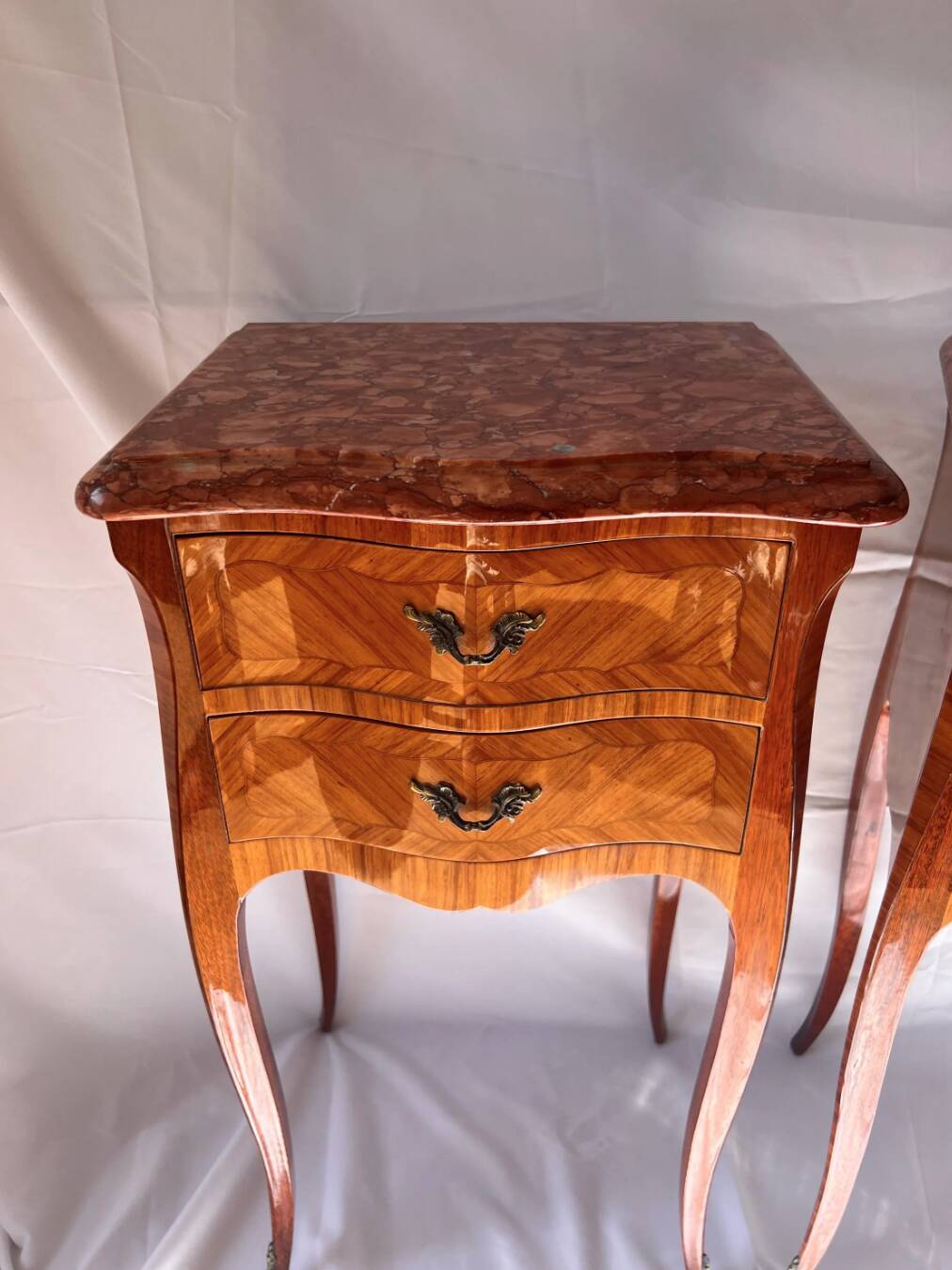 Pair of French Rosewood Nightstands, Marble Top Nighstands, Marquetry Bedsi