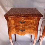 Pair of French rosewood bedside tables, marble top, inlaid beds.