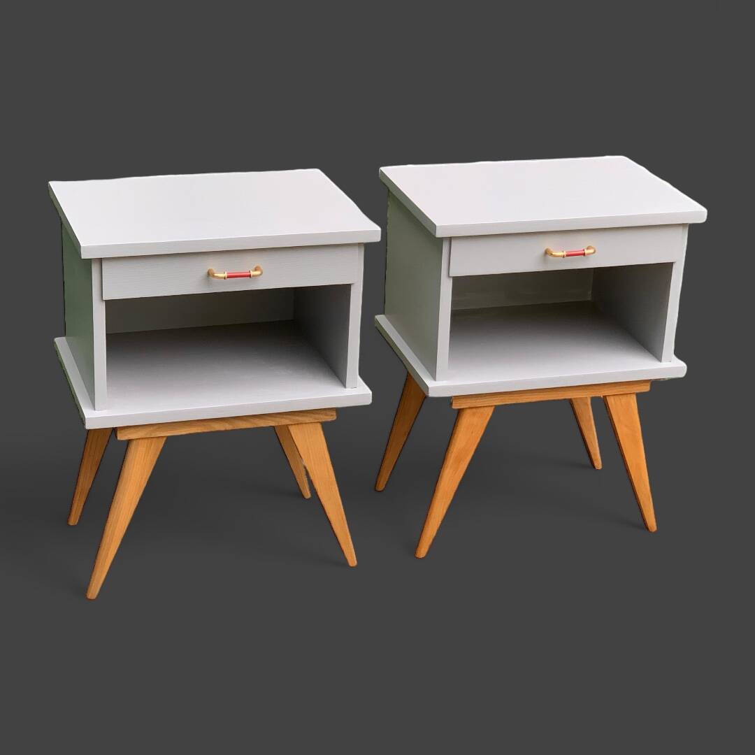 Pair of vintage 1950s compass foot bedside tables