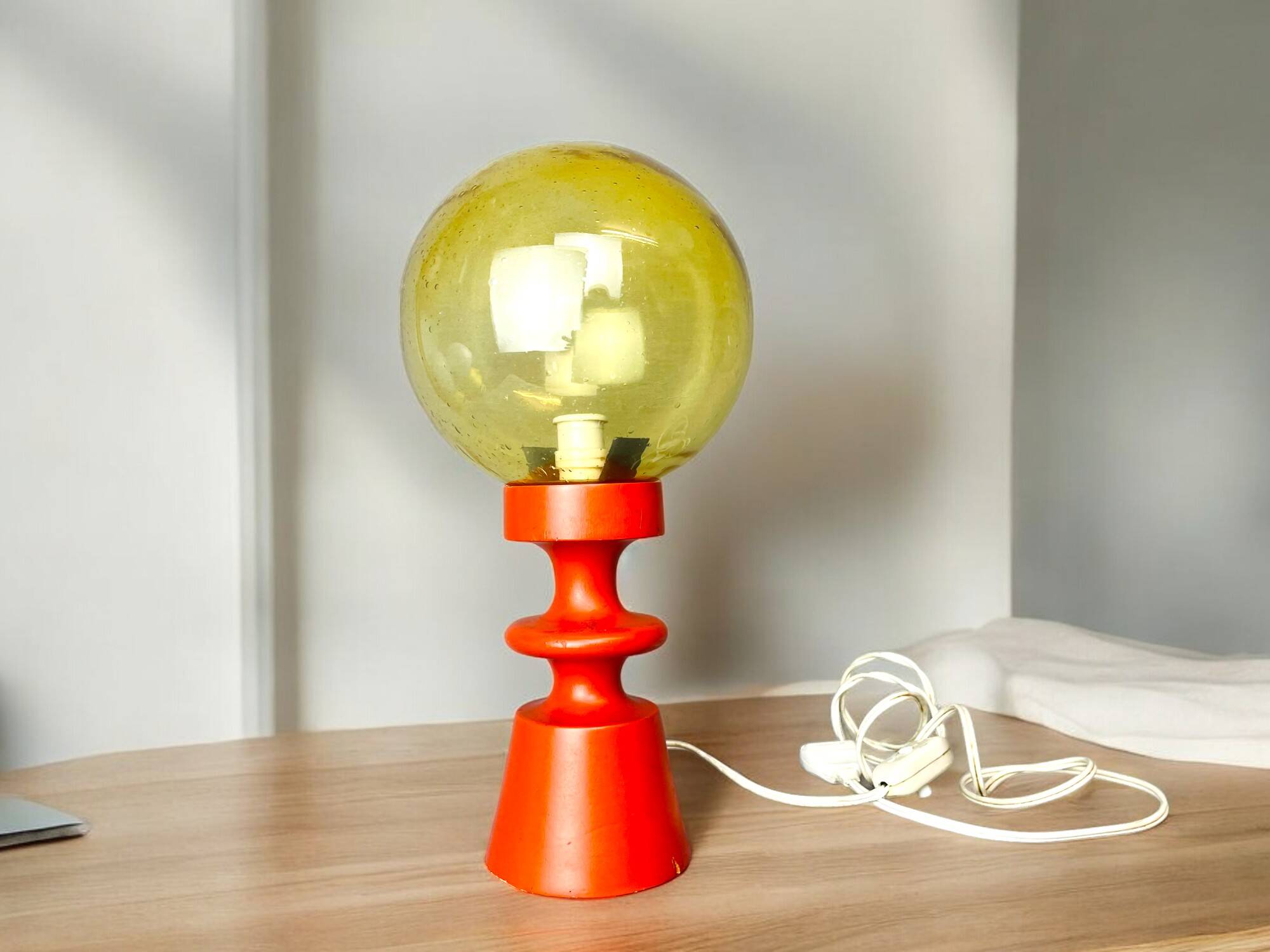 Portuguese Orange Wood & Amber Seeded Glass Table Lamp