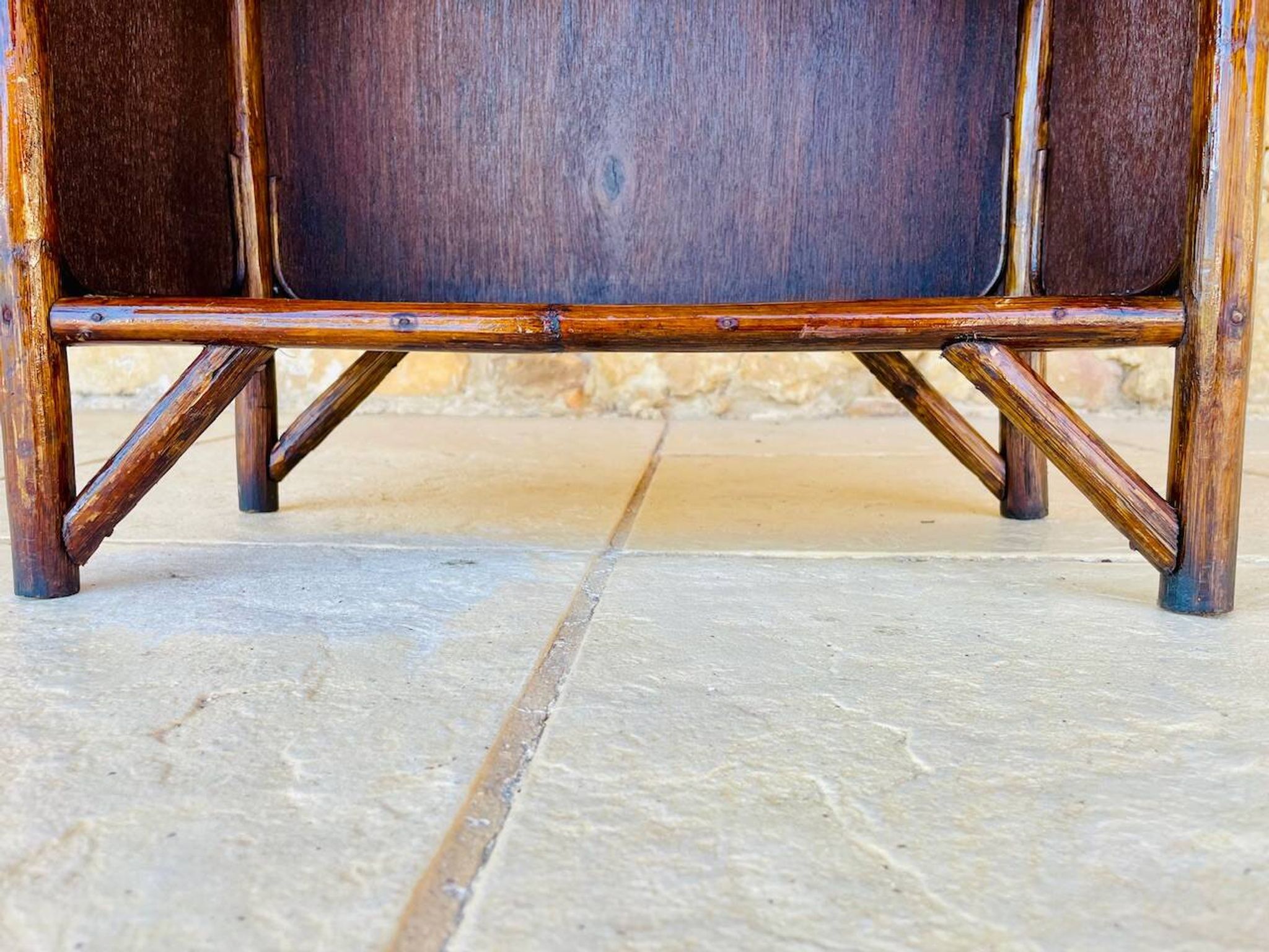 Vintage two-tier bamboo and rattan shelf with storage, Circa 1960