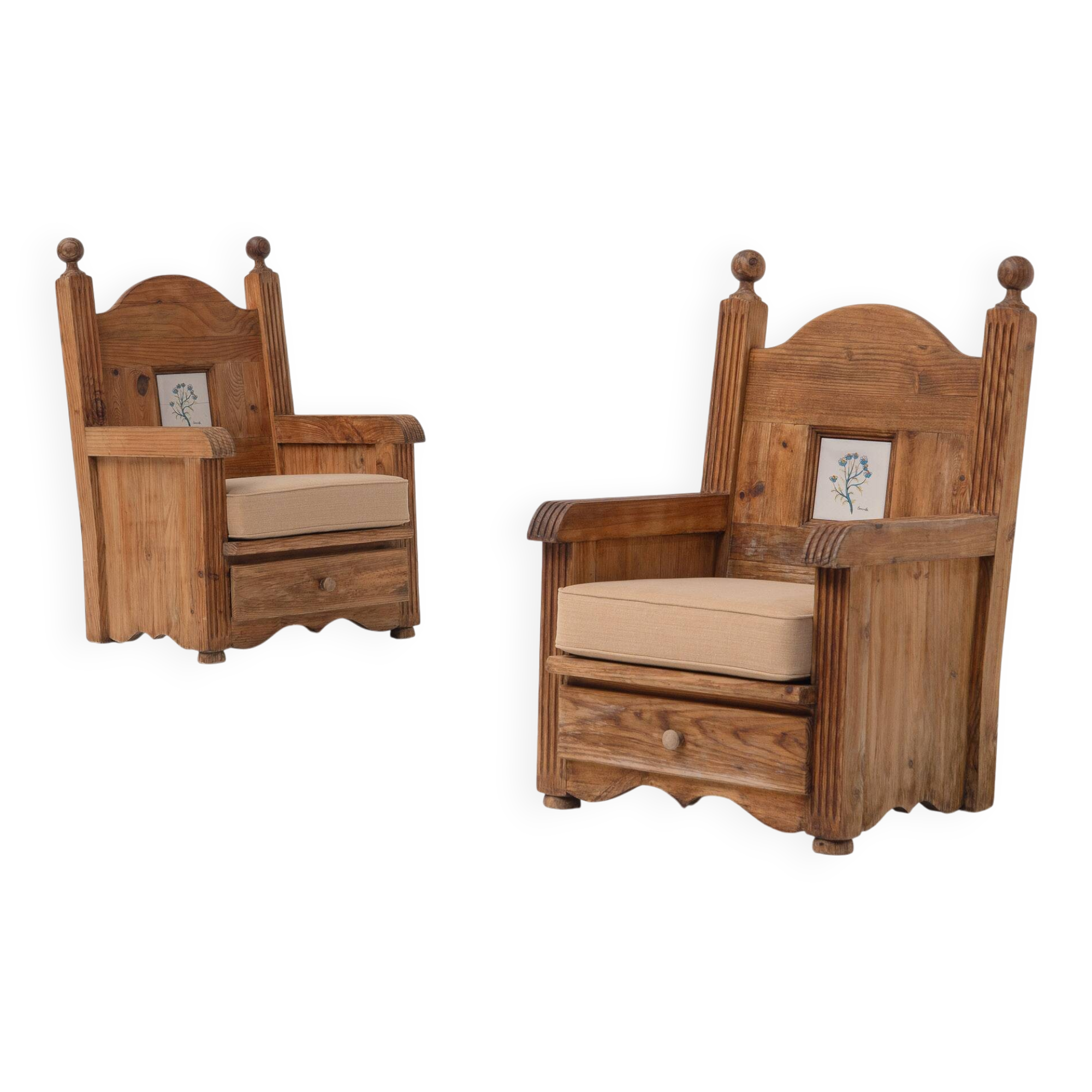 Pair of chic chalet chairs in Spanish pine, 1960s