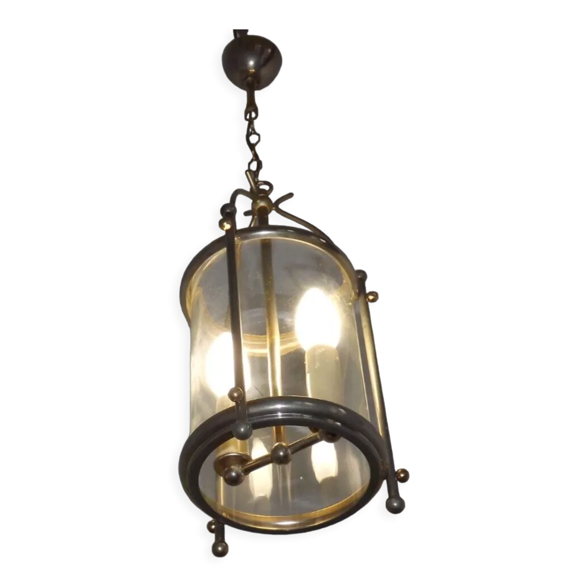 French vintage silver finished brass cylindrical glass 2 light hall lantern 3929