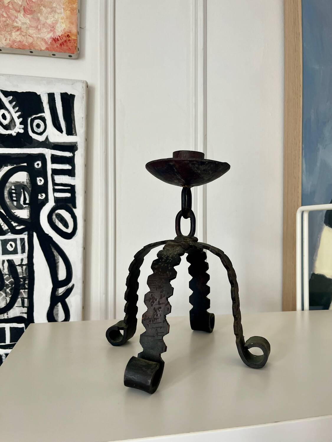Brutalist iron candlestick Folk art