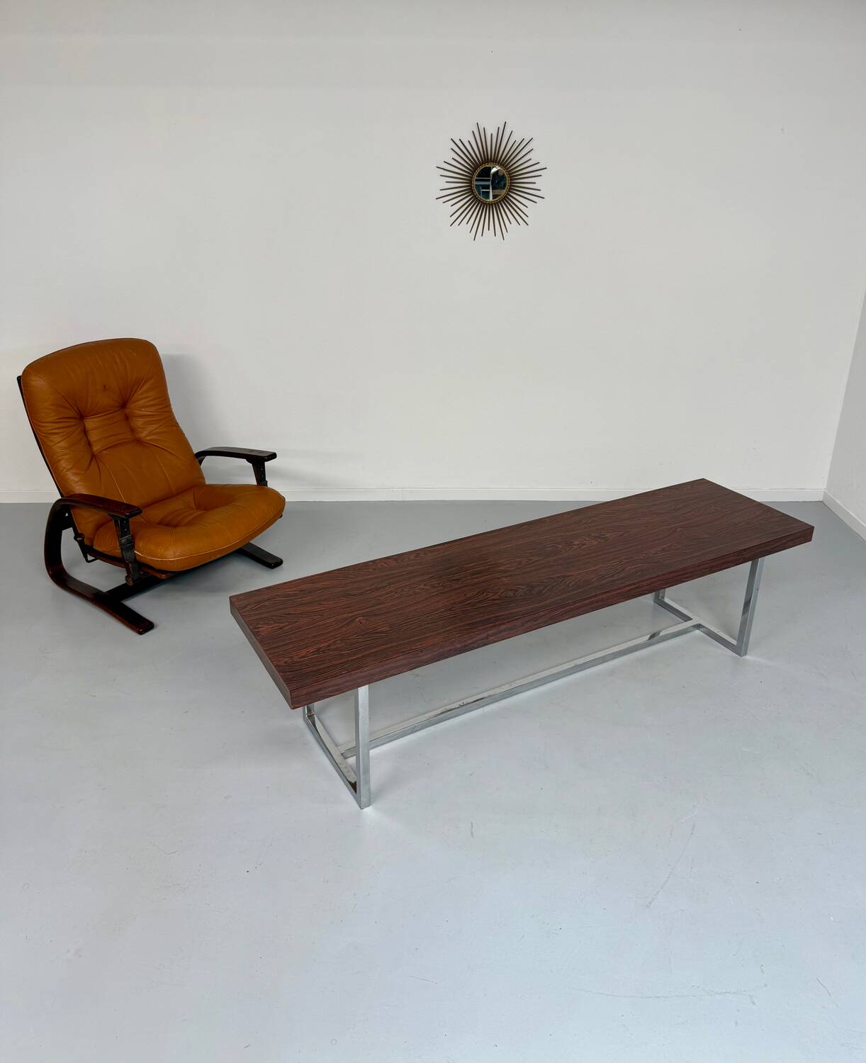 Antique and XXL Italian design coffee table from the 70s, rosewood veneer